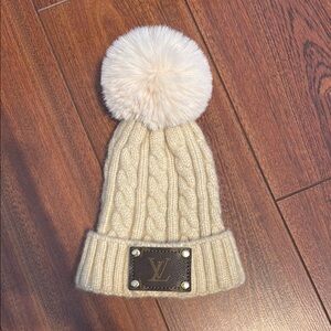 Louis Vuitton Cream Knit Hat with Pom Pom